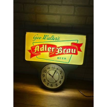 Vintage Adler Brau Geo. Walter's Beer Lighted Advertising Clock Sign Wisconsin WI Wis