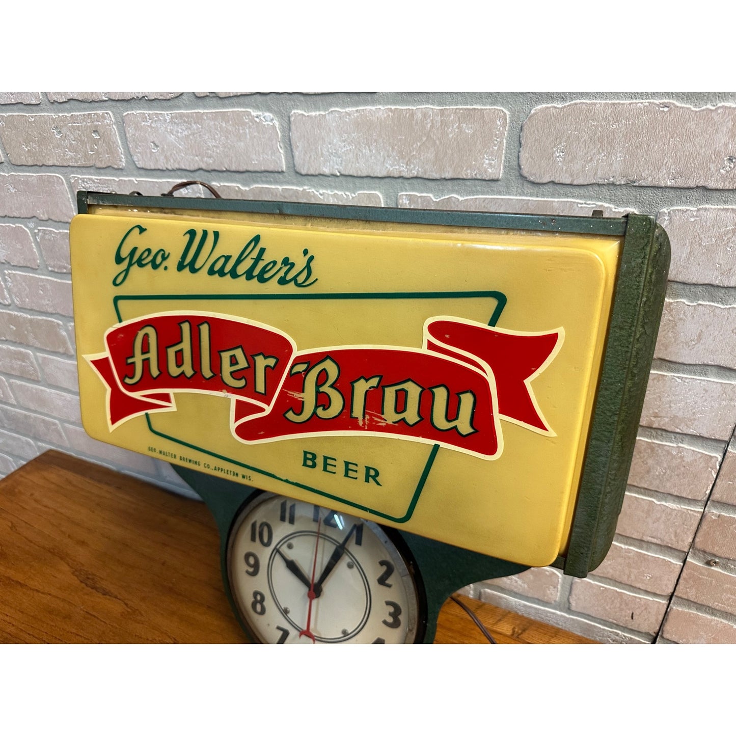 Vintage Adler Brau Geo. Walter's Beer Lighted Advertising Clock Sign Wisconsin WI Wis