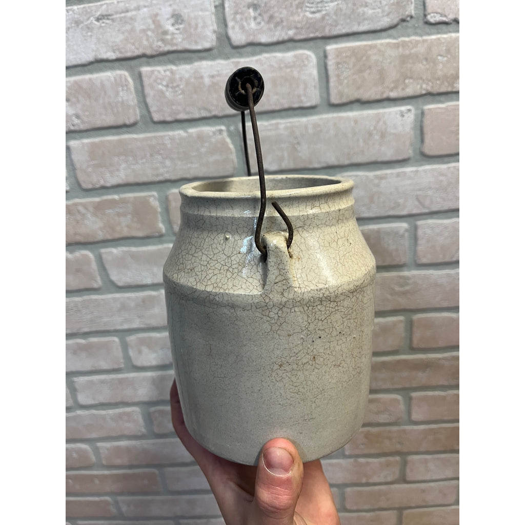 Antique Primitive 19th c. Stoneware White Glazed Fruit Canning Jar w/ Handle