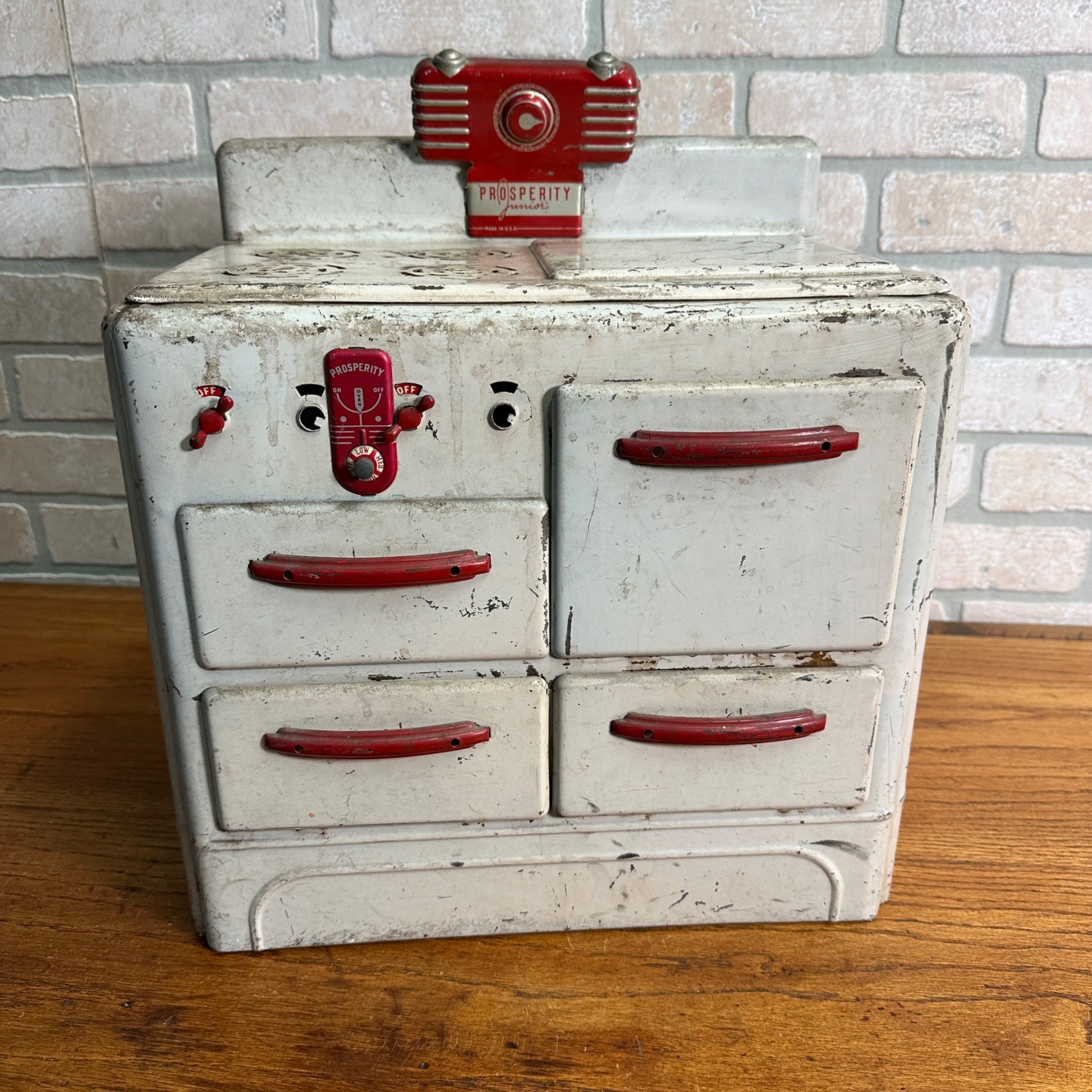 Vintage Tin Litho Prosperity Junior Stove Oven Childs Play Kitchen