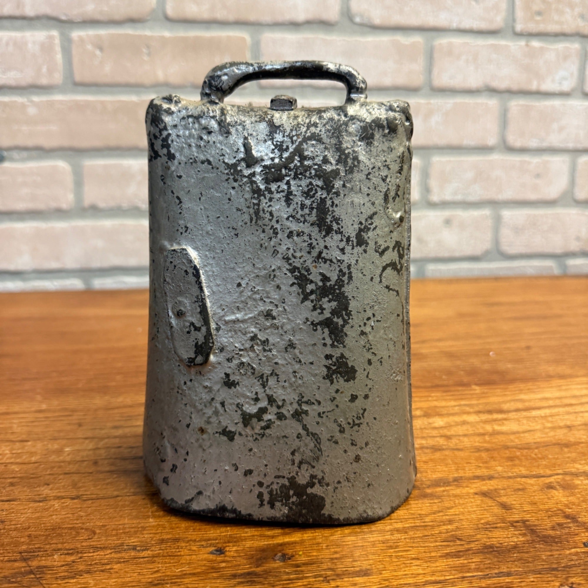 Vintage Large Metal Cowbell Silver-Painted Iron Primitive or Rustic Agricultural Decor