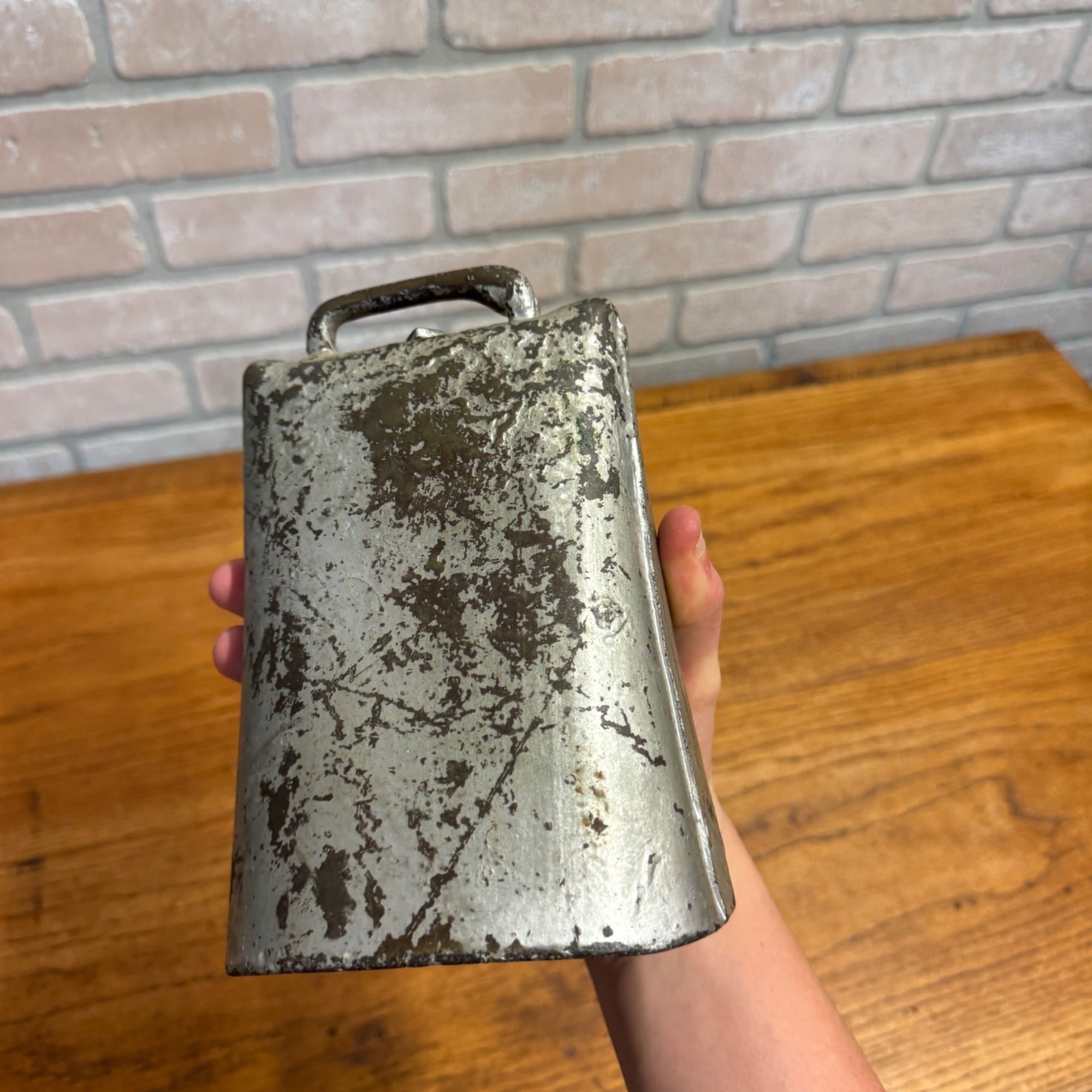 Vintage Large Metal Cowbell Silver-Painted Iron Primitive or Rustic Agricultural Decor