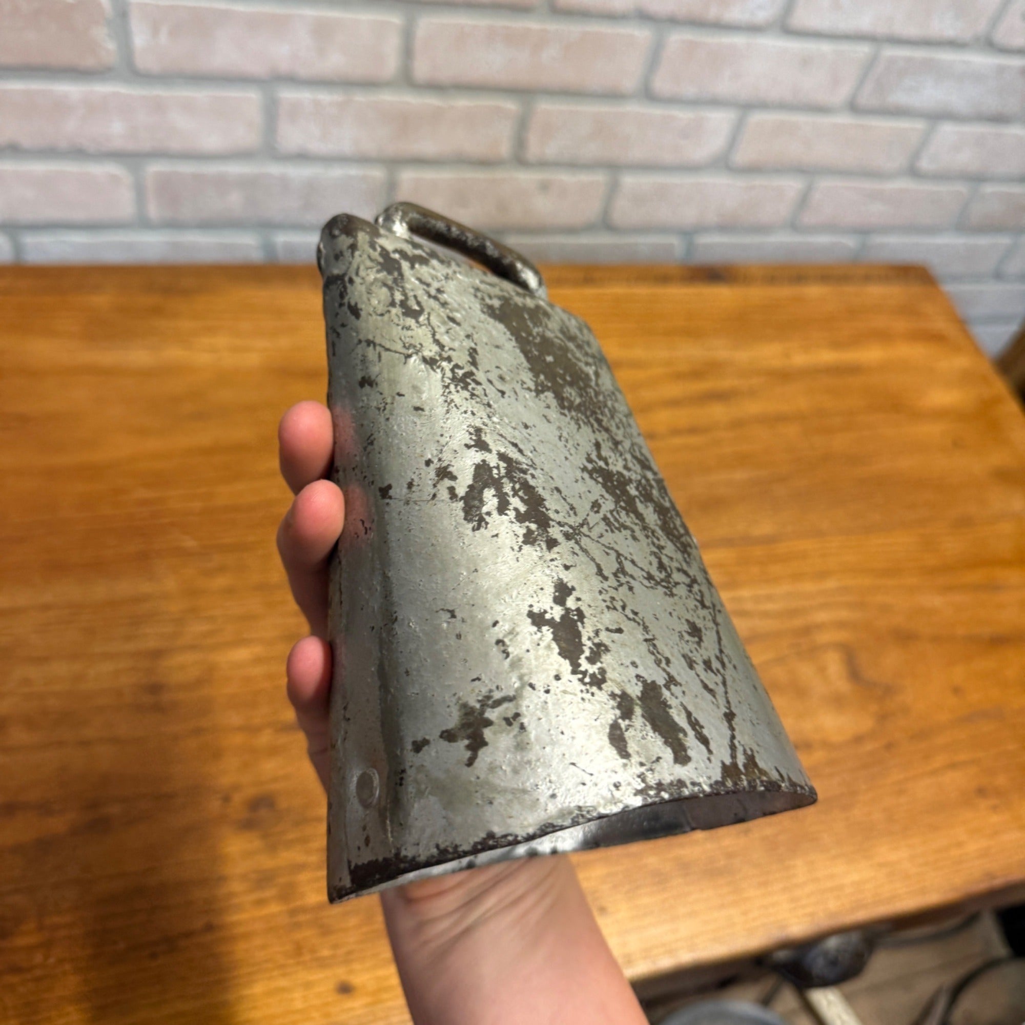 Vintage Large Metal Cowbell Silver-Painted Iron Primitive or Rustic Agricultural Decor