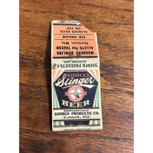 Vintage 1930s Storck's Slinger Beer Matchbook Advertising Products Co. Horicon WI