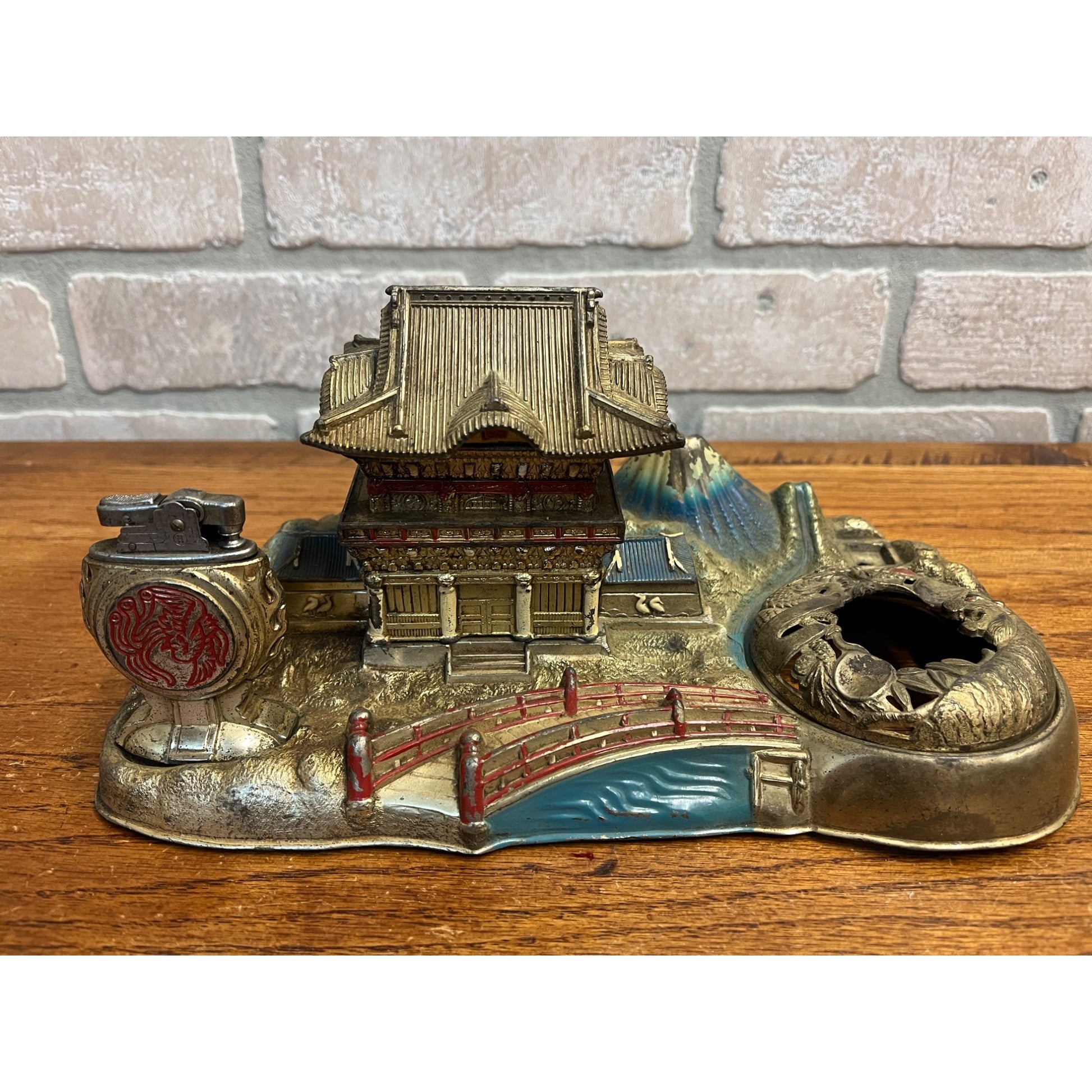 Vintage 1950s Japan Pagoda SHRINE Smoking Box Ashtray Cigarette Lighter Set