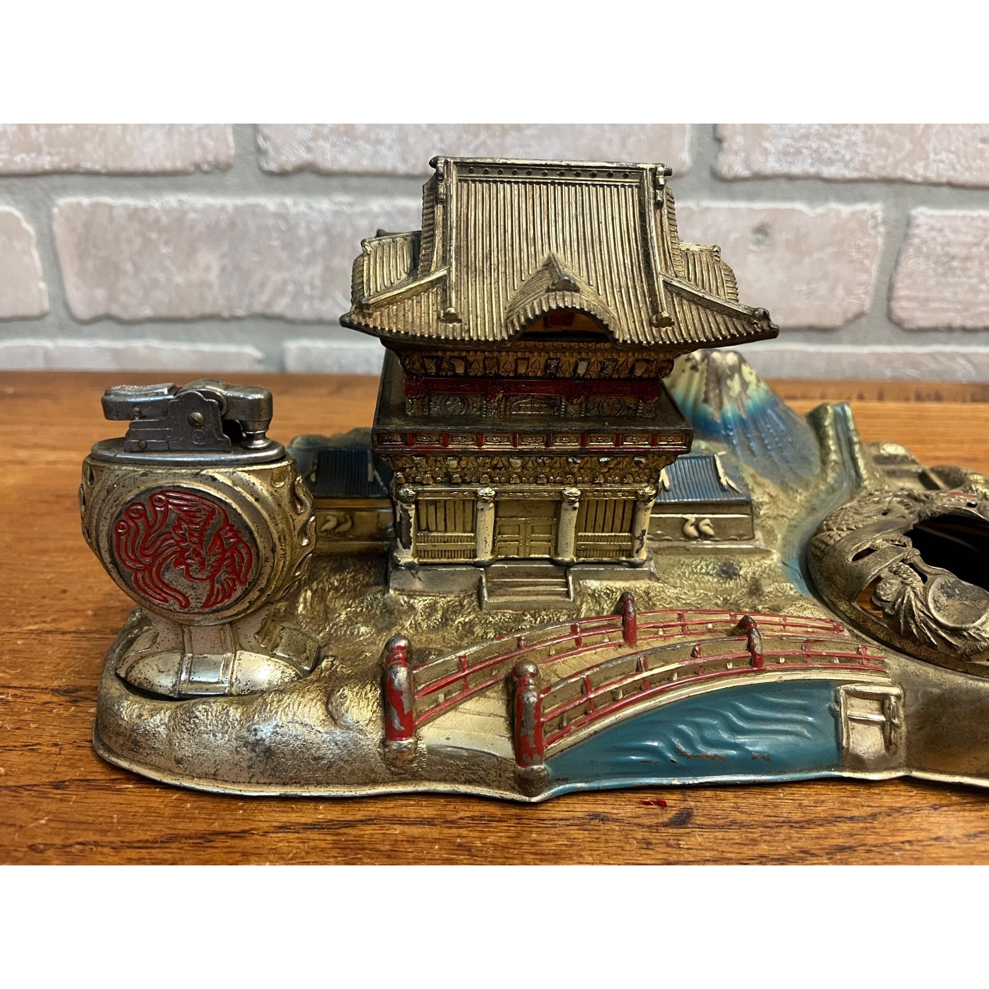 Vintage 1950s Japan Pagoda SHRINE Smoking Box Ashtray Cigarette Lighter Set