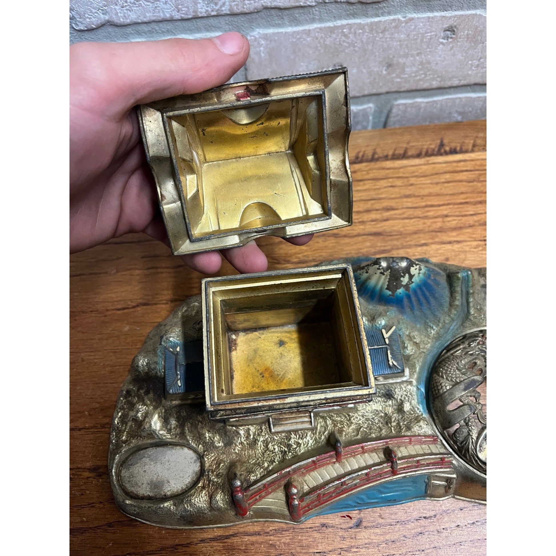 Vintage 1950s Japan Pagoda SHRINE Smoking Box Ashtray Cigarette Lighter Set
