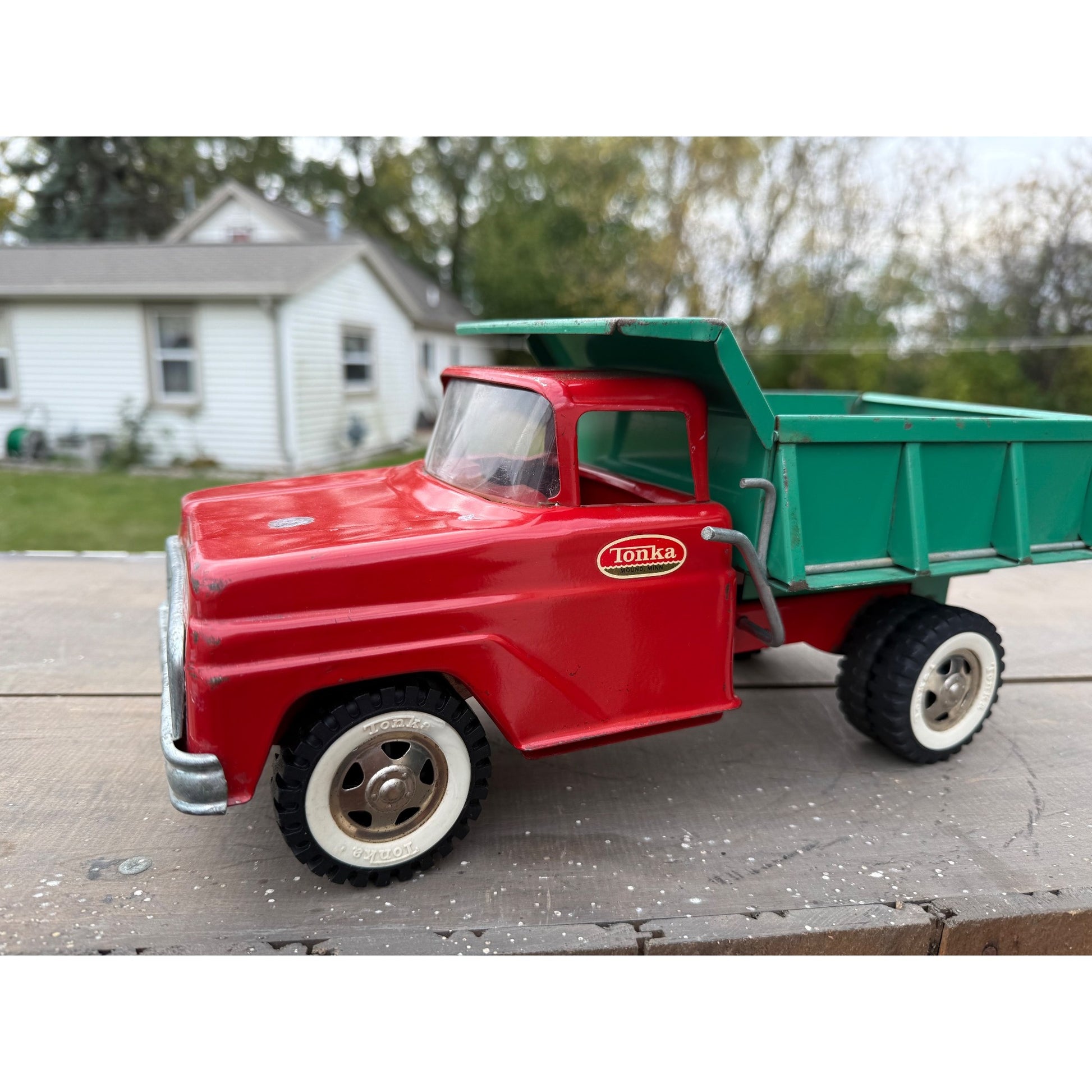 Vintage Tonka Dump Truck Green & Red Pressed Steel Toy