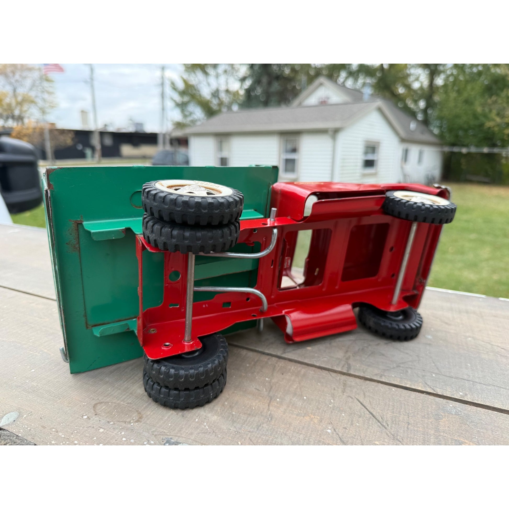Vintage Tonka Dump Truck Green & Red Pressed Steel Toy