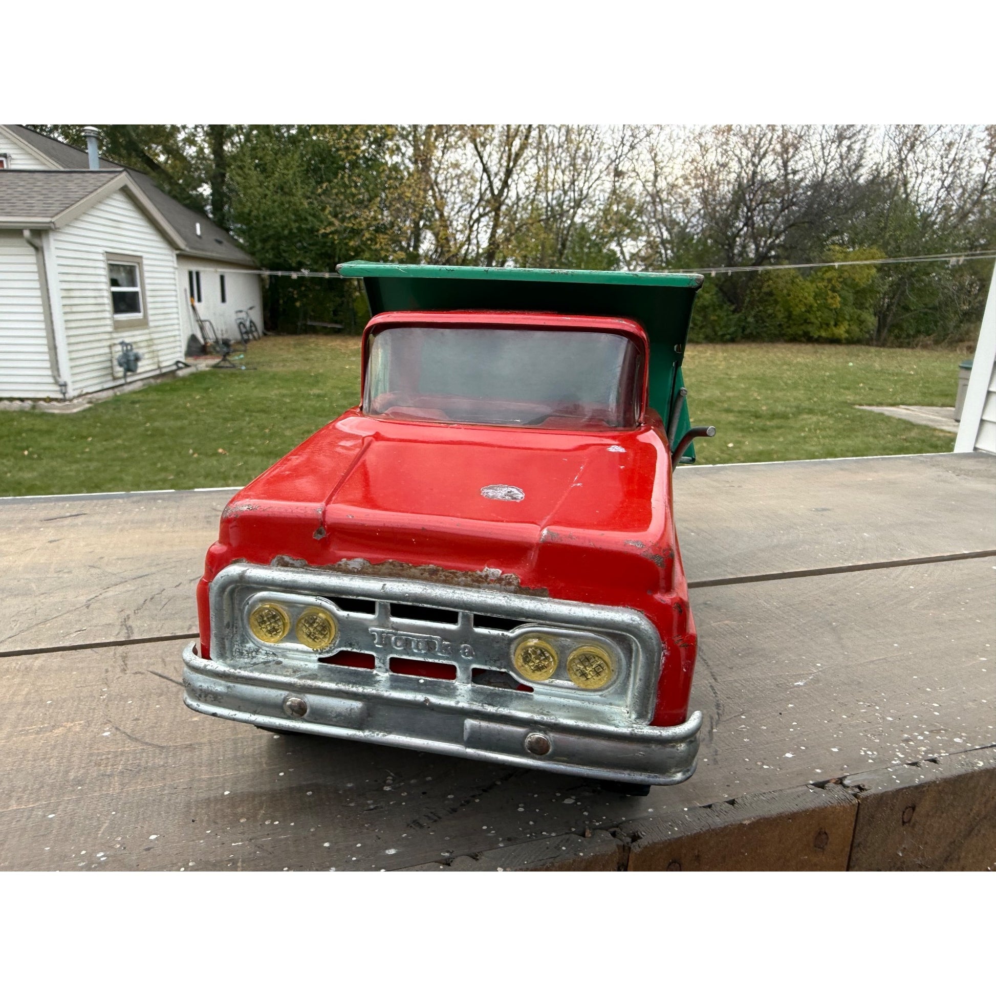 Vintage Tonka Dump Truck Green & Red Pressed Steel Toy