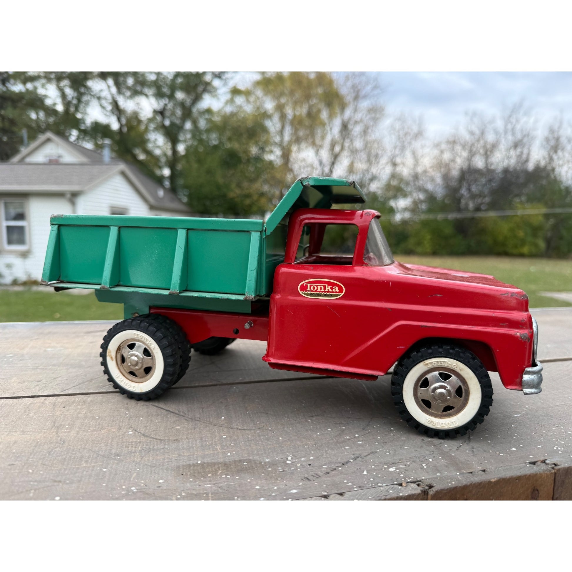 Vintage Tonka Dump Truck Green & Red Pressed Steel Toy