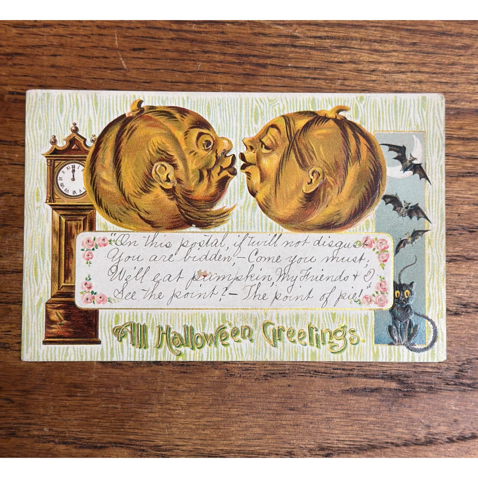 Vintage Halloween Postcard w/ Handwritten Invite Gottschalk Germany Cat Bats JOL Kiss