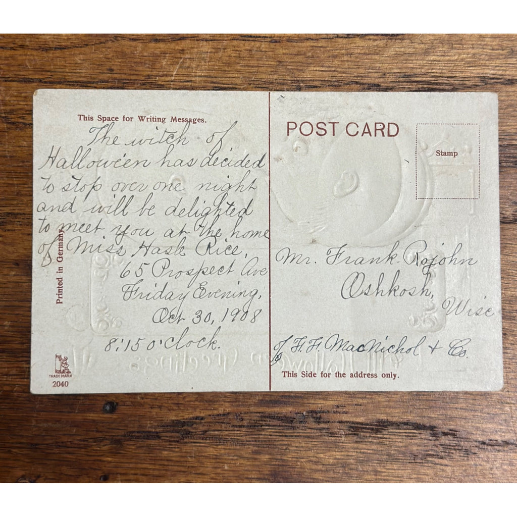 Vintage Halloween Postcard w/ Handwritten Invite Gottschalk Germany Cat Bats JOL Kiss