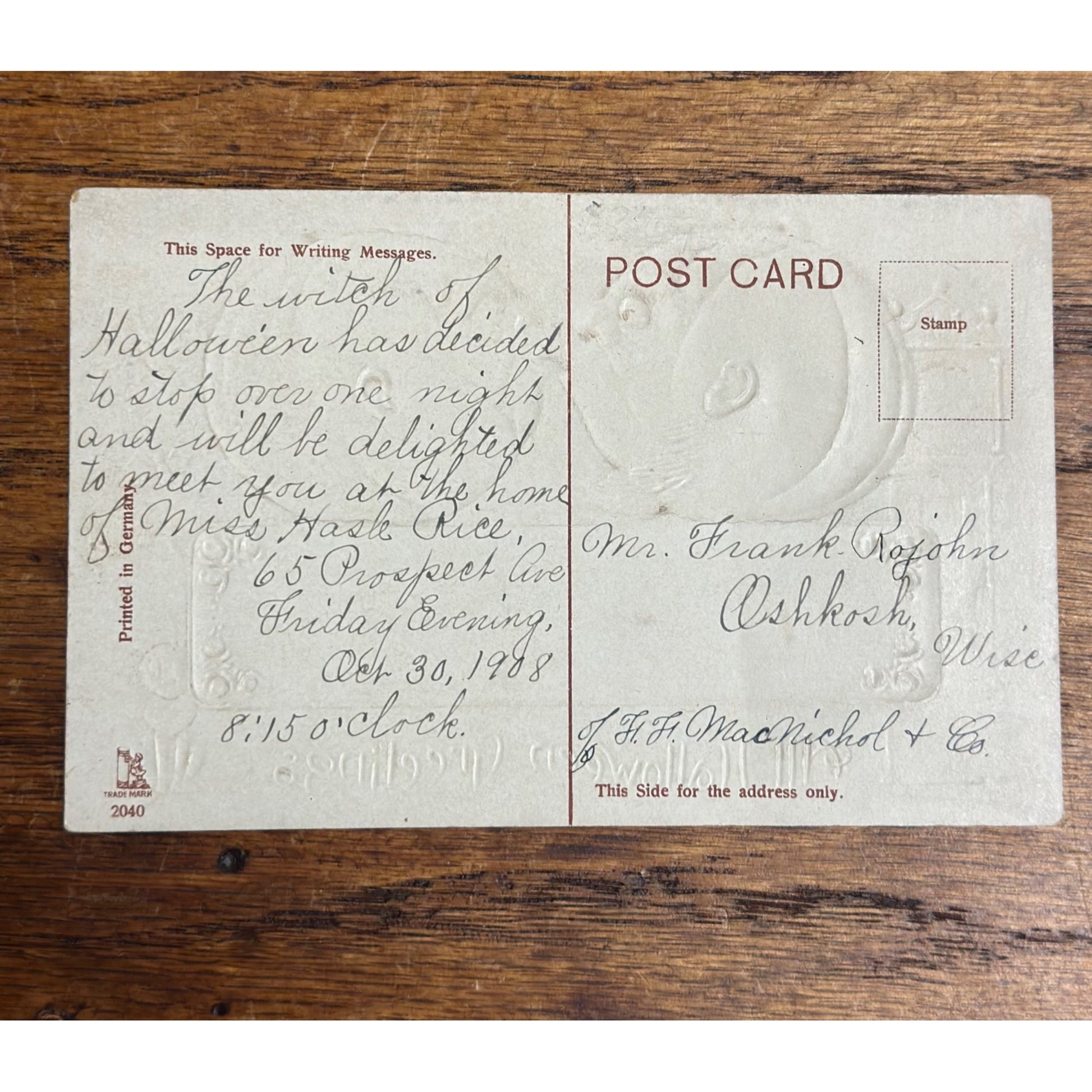 Vintage Halloween Postcard w/ Handwritten Invite Gottschalk Germany Cat Bats JOL Kiss
