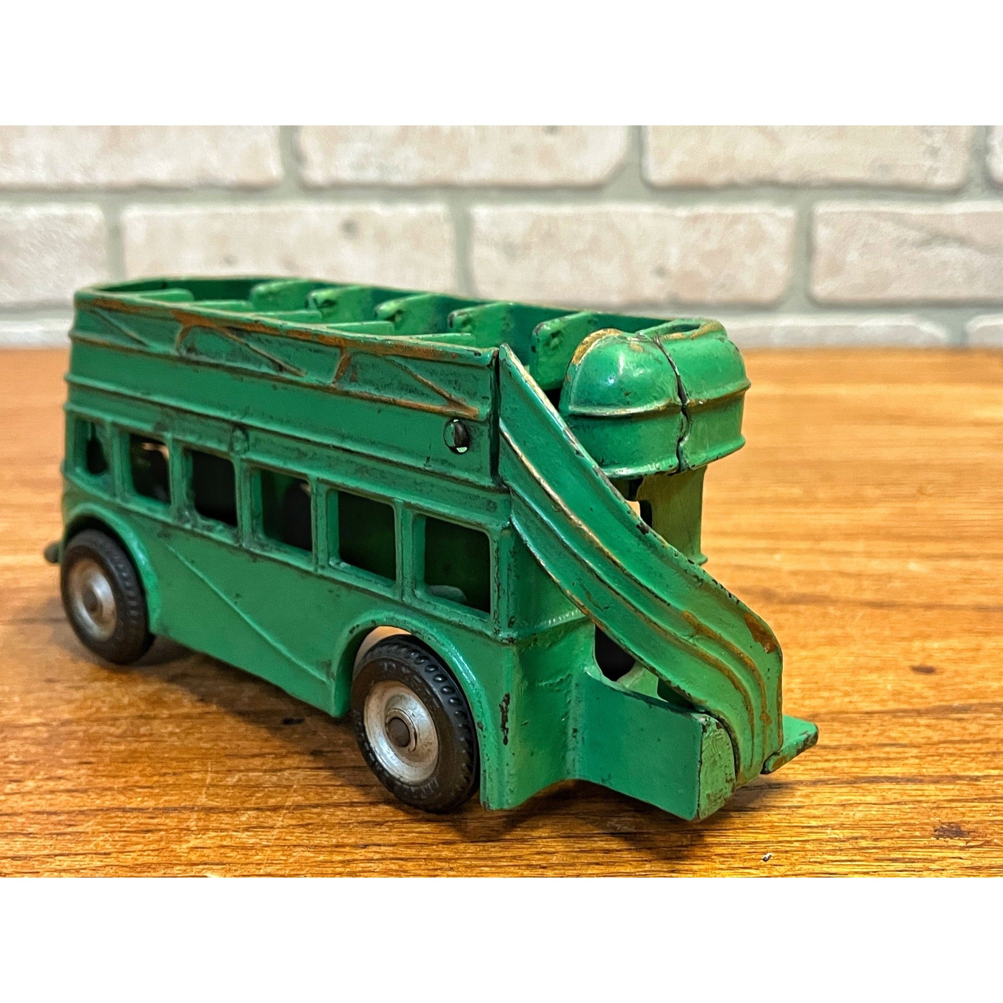 Vintage 1930s Arcade Cast Iron Double Decker Bus Toy #318 Green 8" - SUPERB