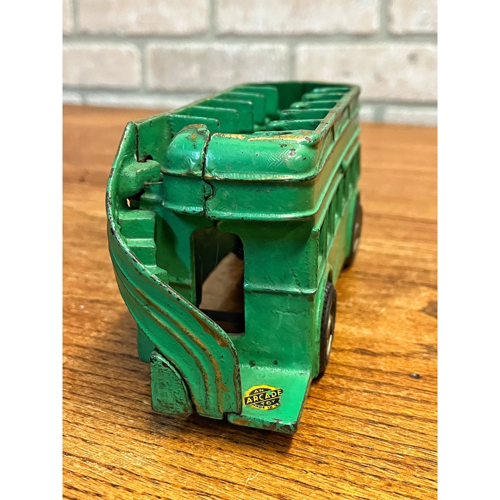 Vintage 1930s Arcade Cast Iron Double Decker Bus Toy #318 Green 8" - SUPERB