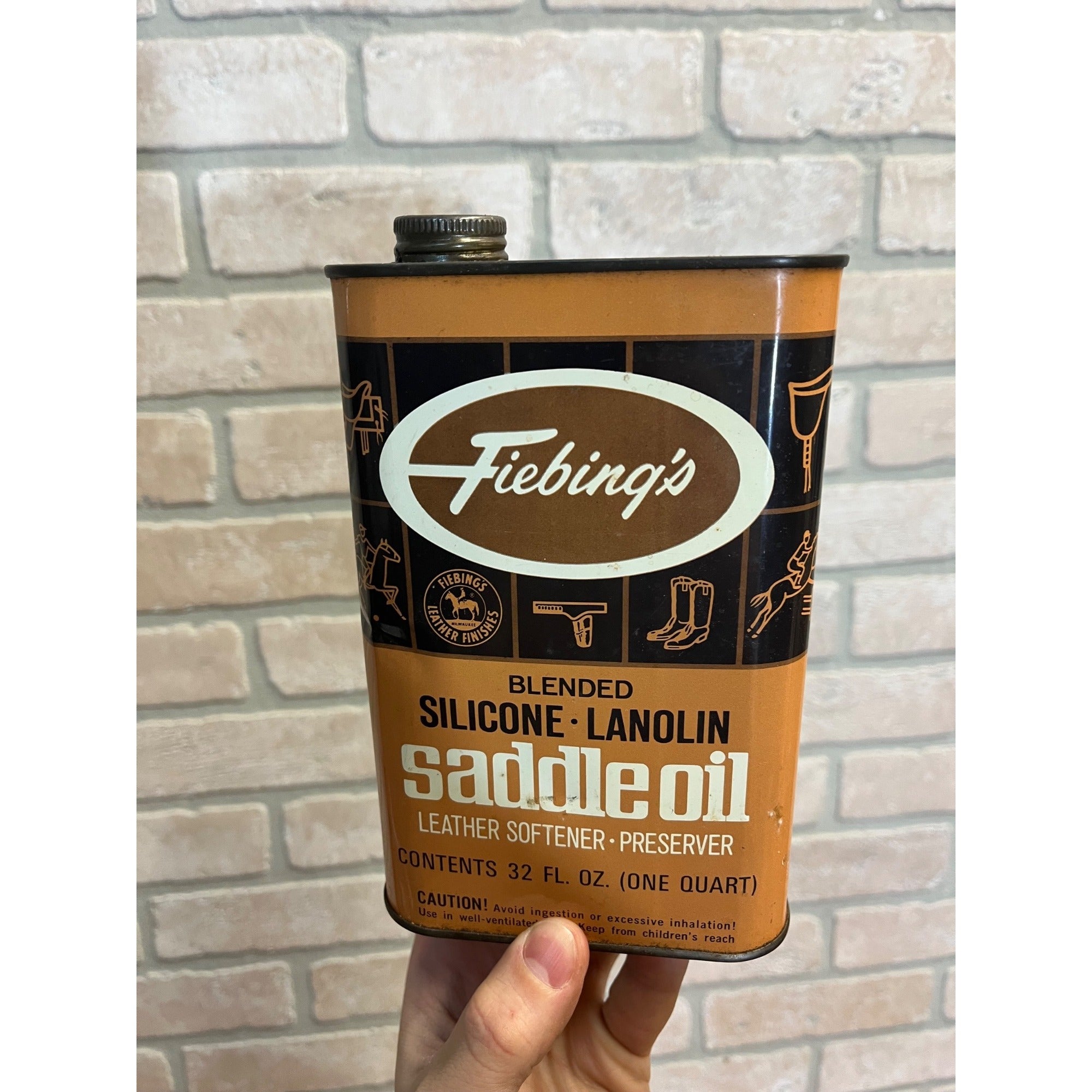 Vintage Fiebings Leather Horse Saddle Oil Can Pint Advertising Farm Equestrian