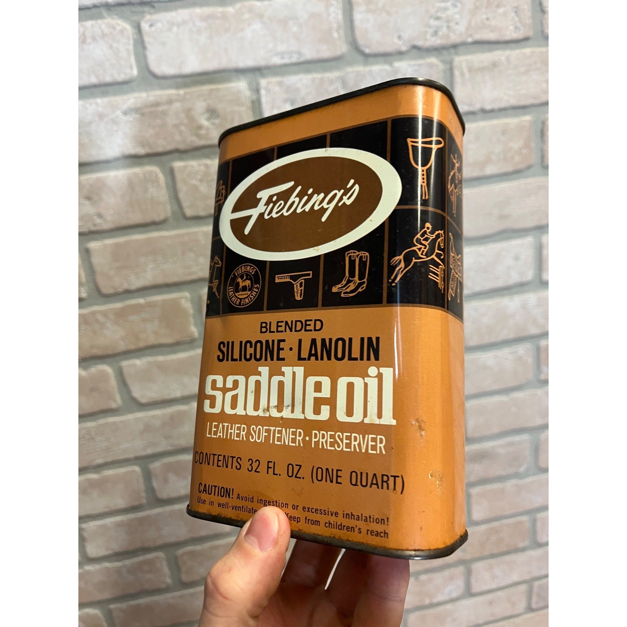 Vintage Fiebings Leather Horse Saddle Oil Can Pint Advertising Farm Equestrian