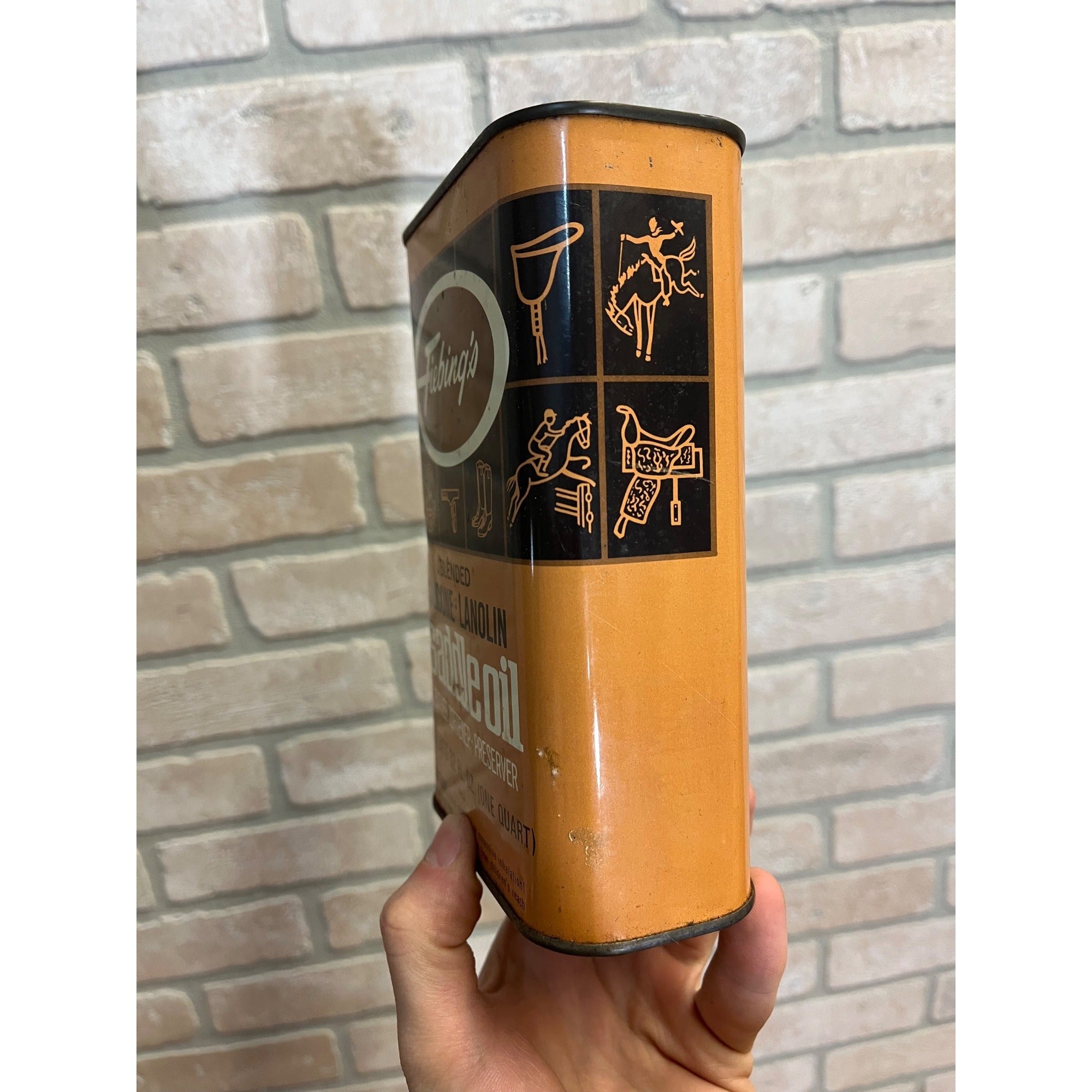 Vintage Fiebings Leather Horse Saddle Oil Can Pint Advertising Farm Equestrian