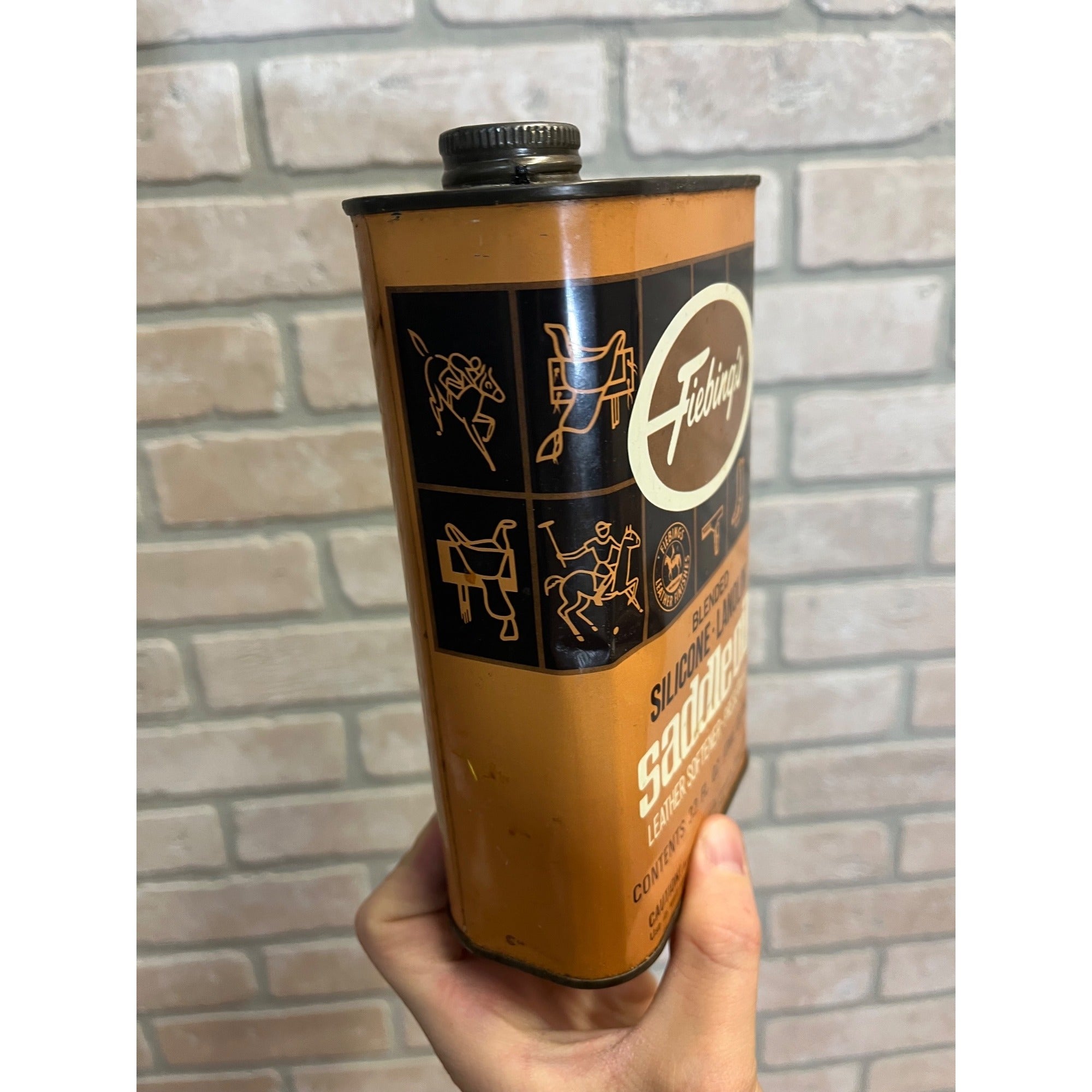 Vintage Fiebings Leather Horse Saddle Oil Can Pint Advertising Farm Equestrian