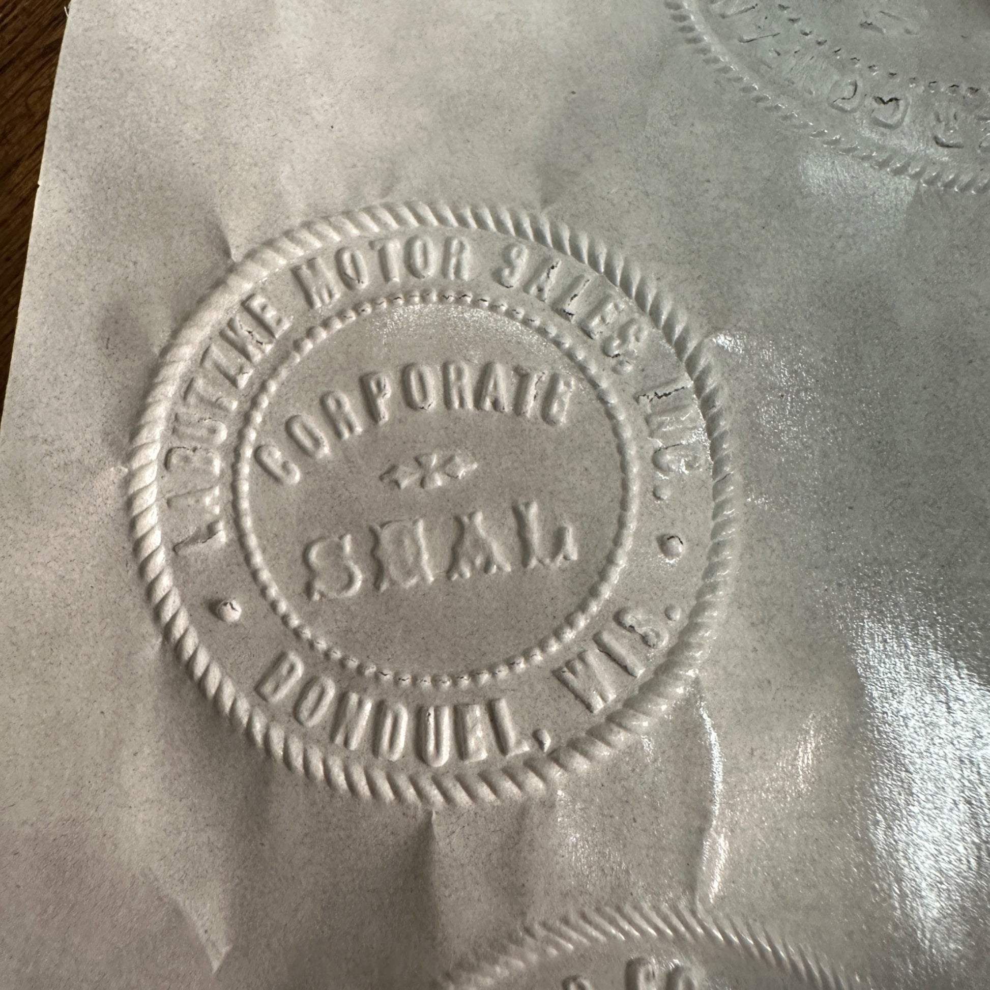 Antique Cast Iron Notary Stamp Seal -Bonduel Wis Labutzke Motor Sales