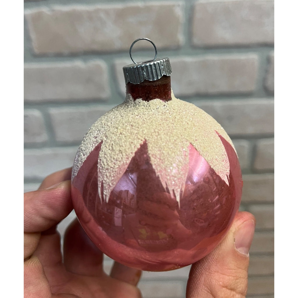 Vintage Shiny Brite Pink Glass Ball Mica Snowcap Christmas Ornament 2.5"