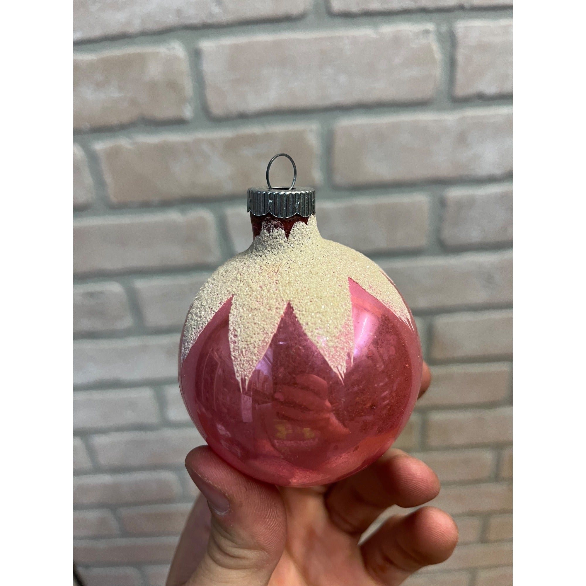 Vintage Shiny Brite Pink Glass Ball Mica Snowcap Christmas Ornament 2.5"