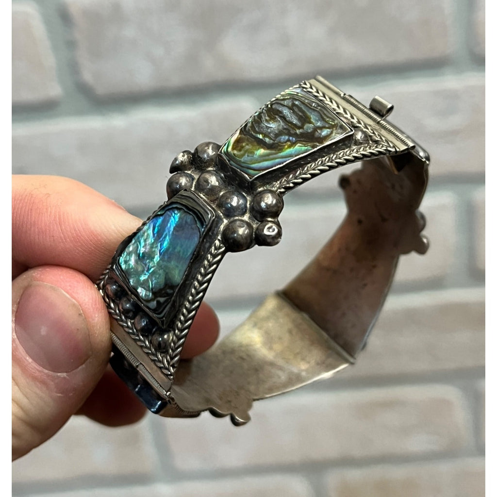 Vintage Mexico Sterling Silver & Abalone Shell Cuff Bracelet Signed FCP Taxco