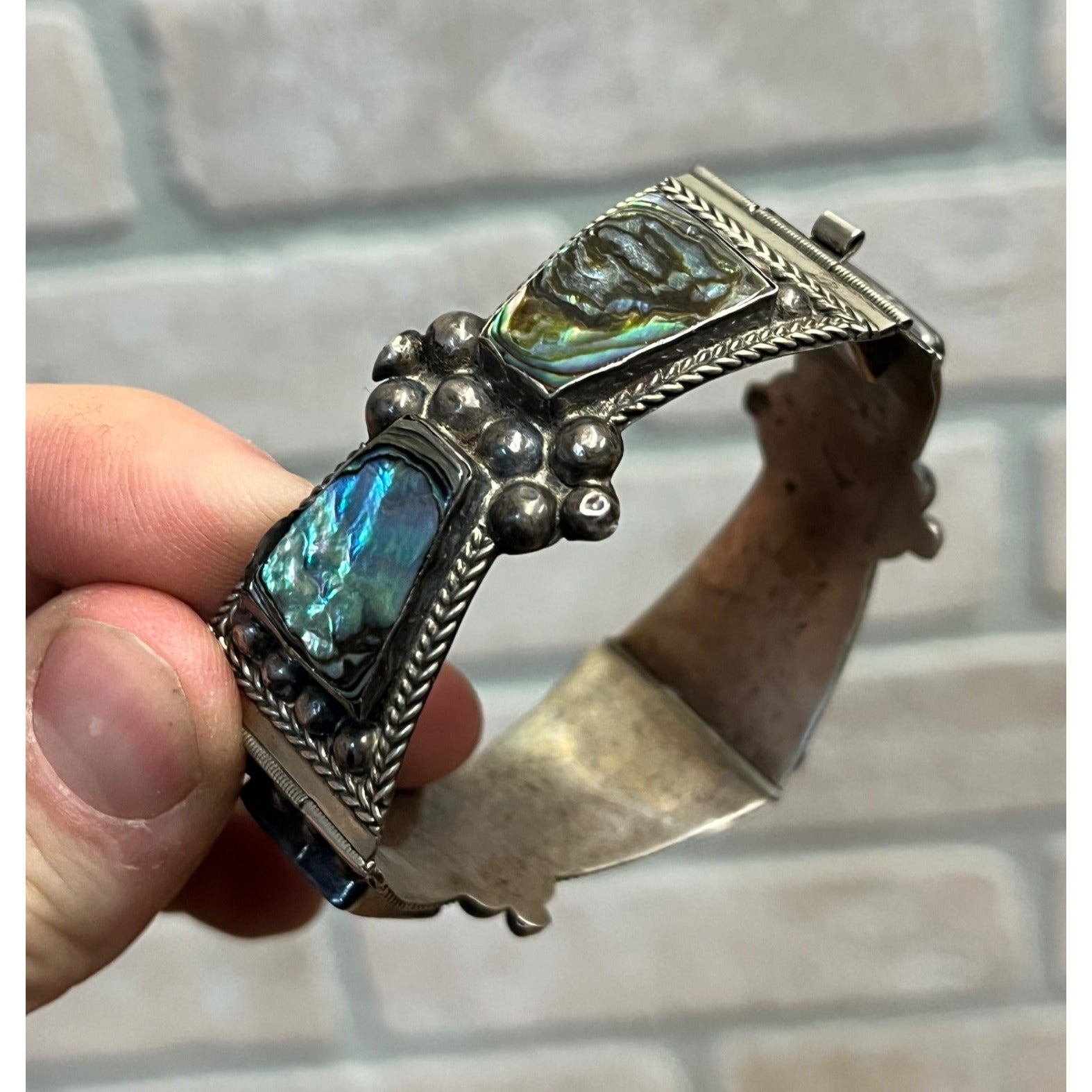 Vintage Mexico Sterling Silver & Abalone Shell Cuff Bracelet Signed FCP Taxco