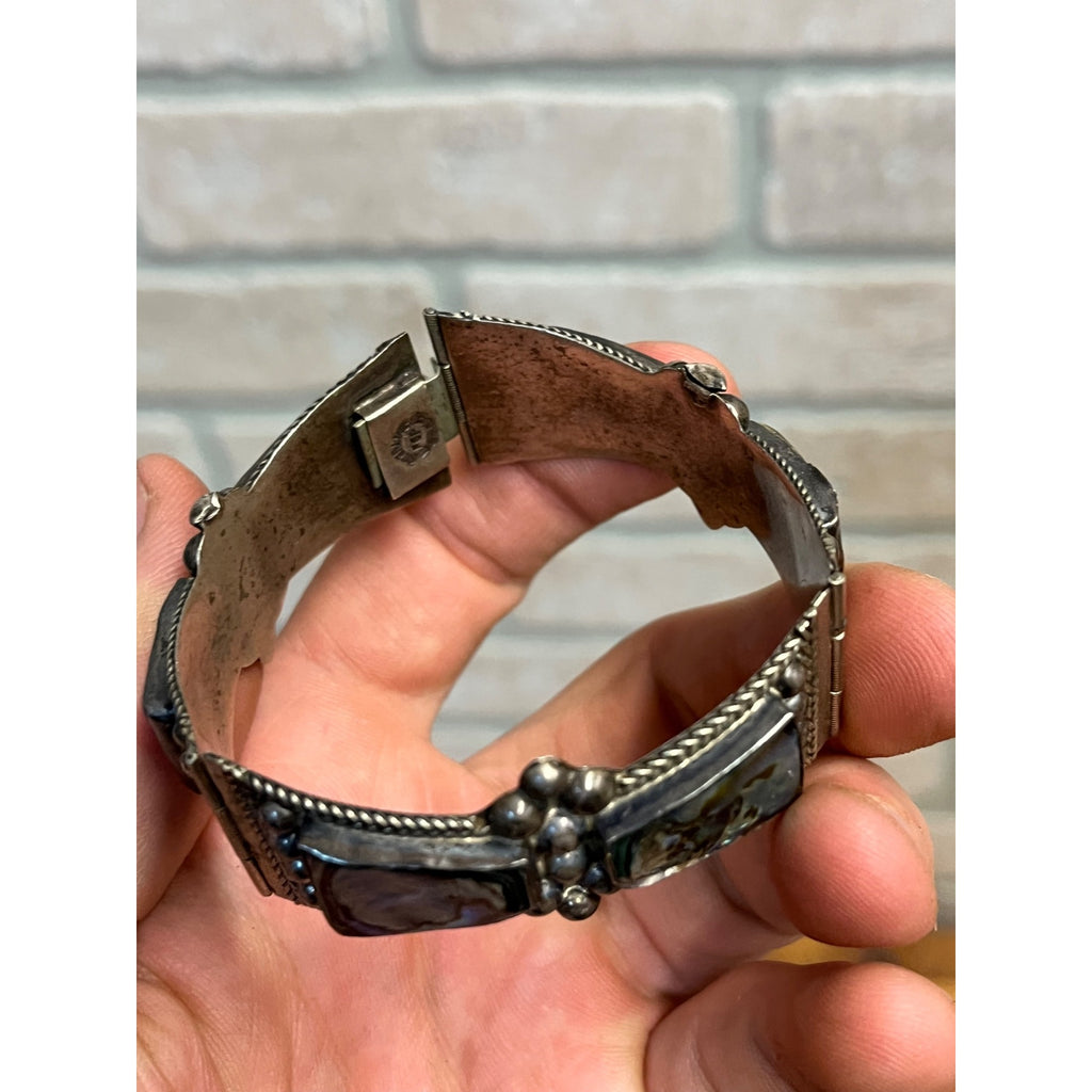 Vintage Mexico Sterling Silver & Abalone Shell Cuff Bracelet Signed FCP Taxco