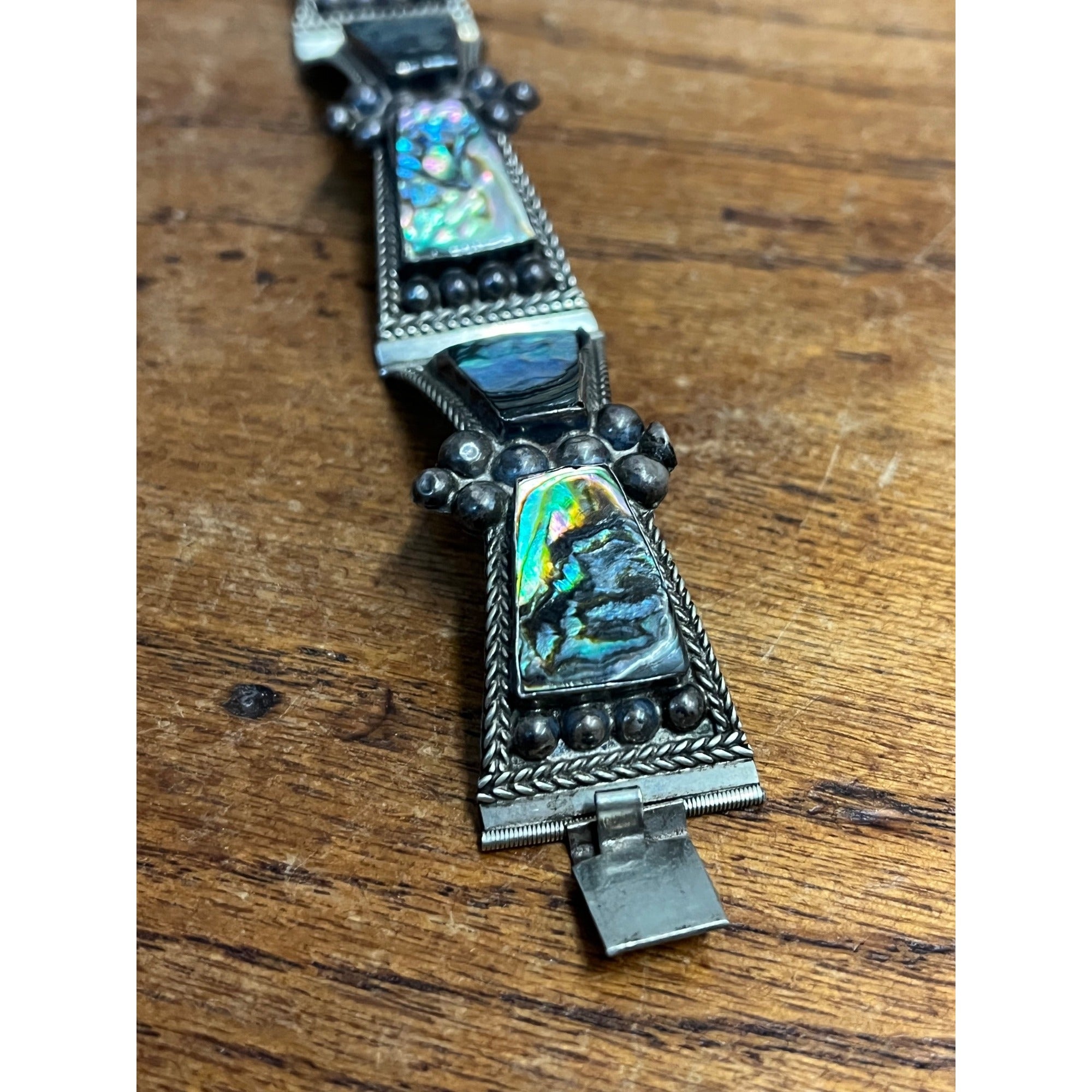 Vintage Mexico Sterling Silver & Abalone Shell Cuff Bracelet Signed FCP Taxco