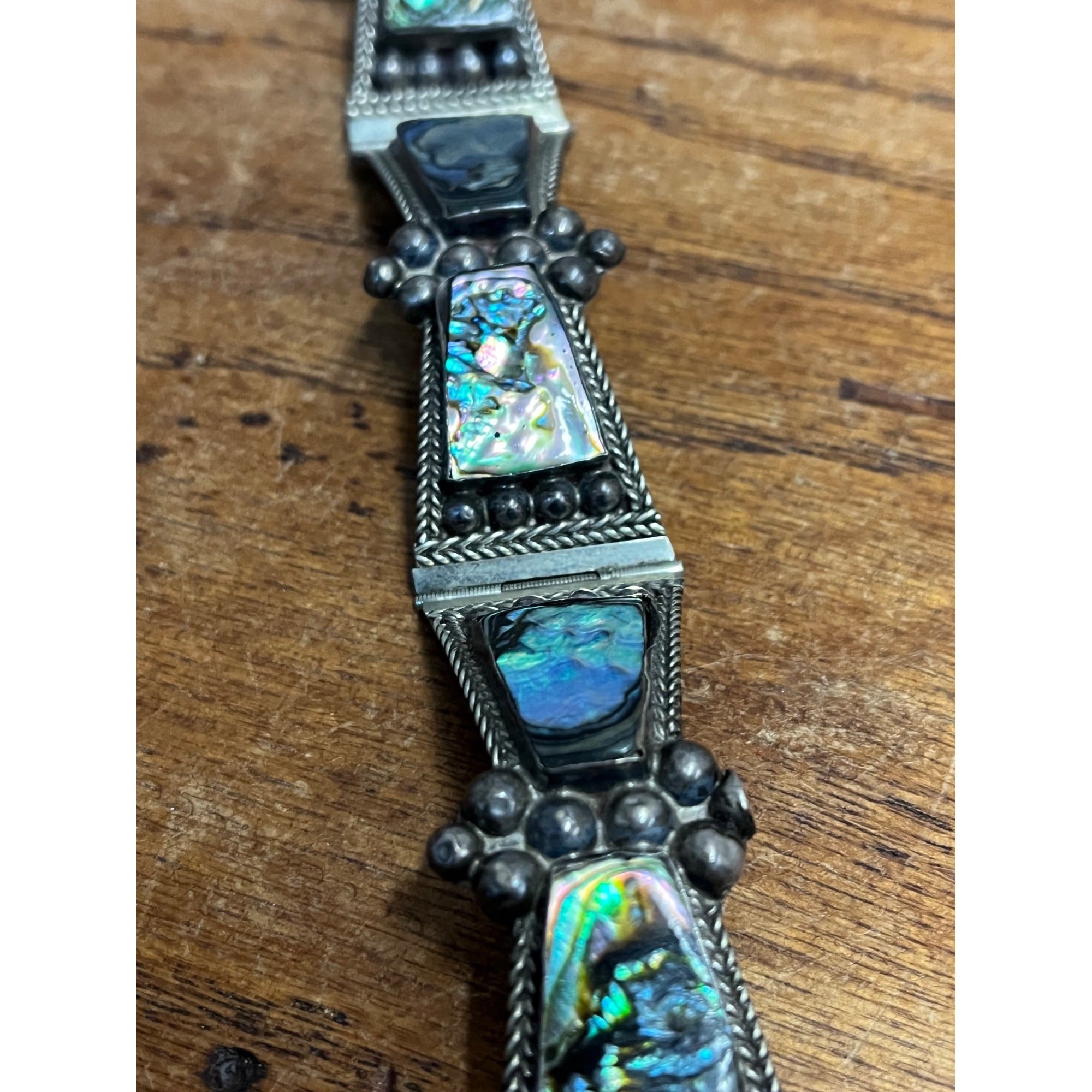 Vintage Mexico Sterling Silver & Abalone Shell Cuff Bracelet Signed FCP Taxco