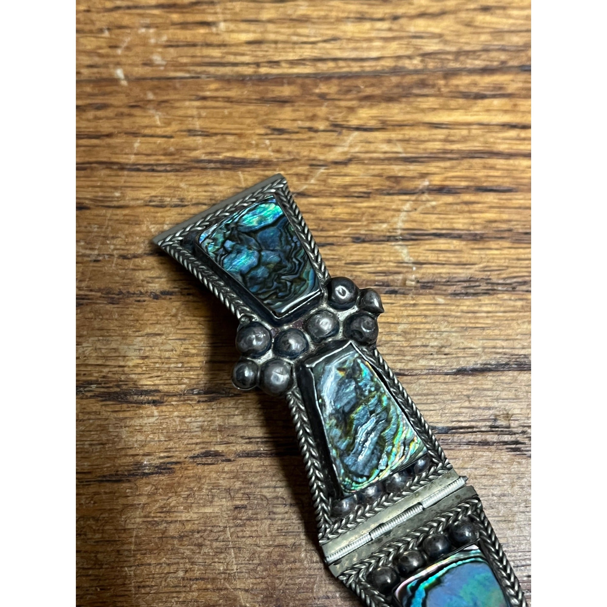 Vintage Mexico Sterling Silver & Abalone Shell Cuff Bracelet Signed FCP Taxco