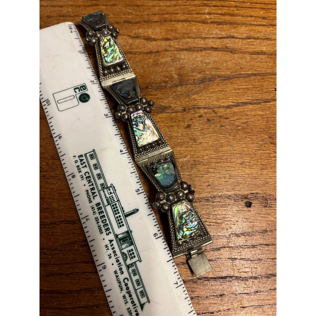 Vintage Mexico Sterling Silver & Abalone Shell Cuff Bracelet Signed FCP Taxco