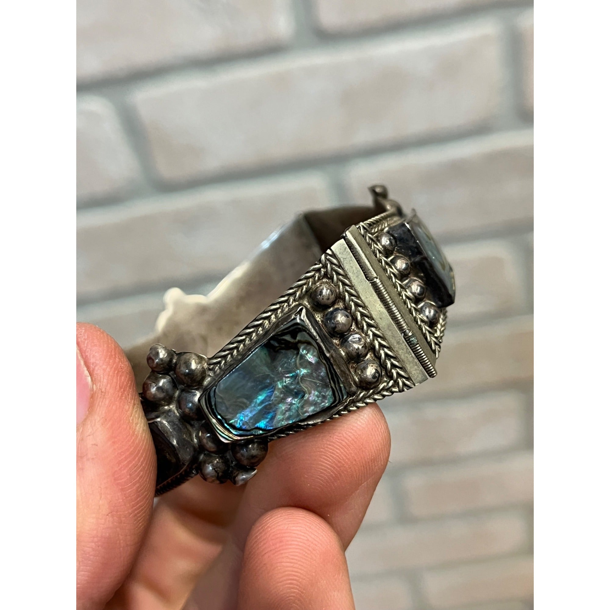 Vintage Mexico Sterling Silver & Abalone Shell Cuff Bracelet Signed FCP Taxco