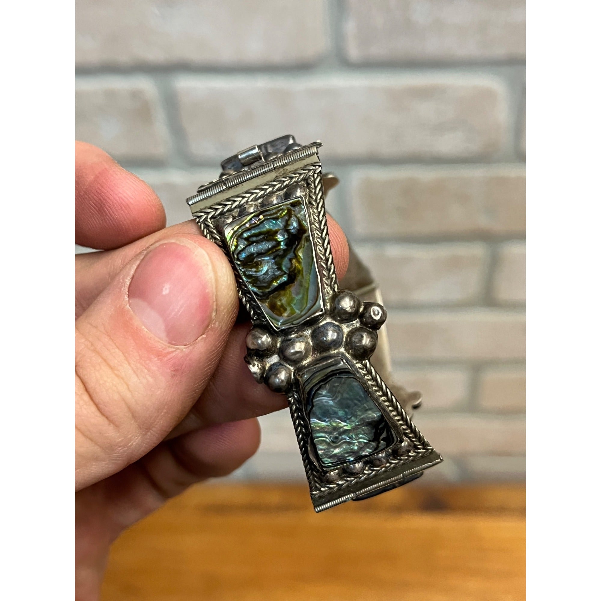 Vintage Mexico Sterling Silver & Abalone Shell Cuff Bracelet Signed FCP Taxco