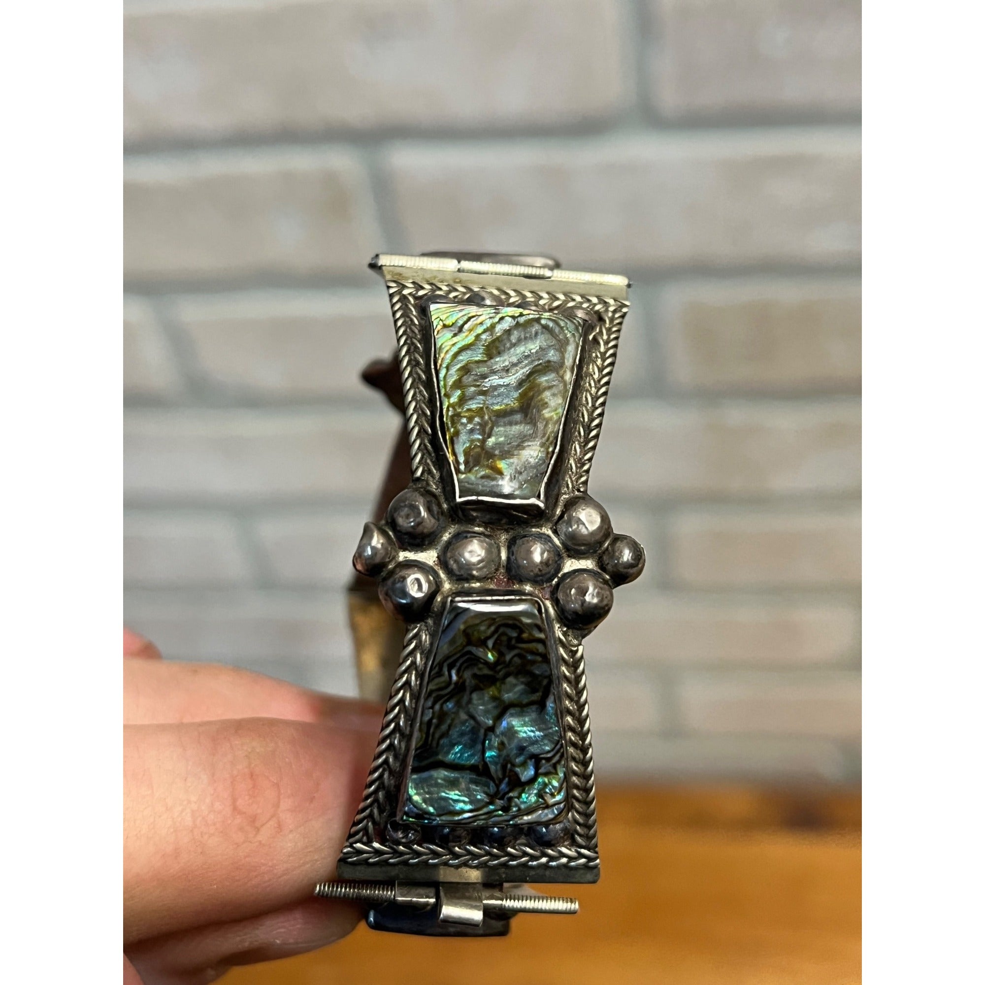 Vintage Mexico Sterling Silver & Abalone Shell Cuff Bracelet Signed FCP Taxco