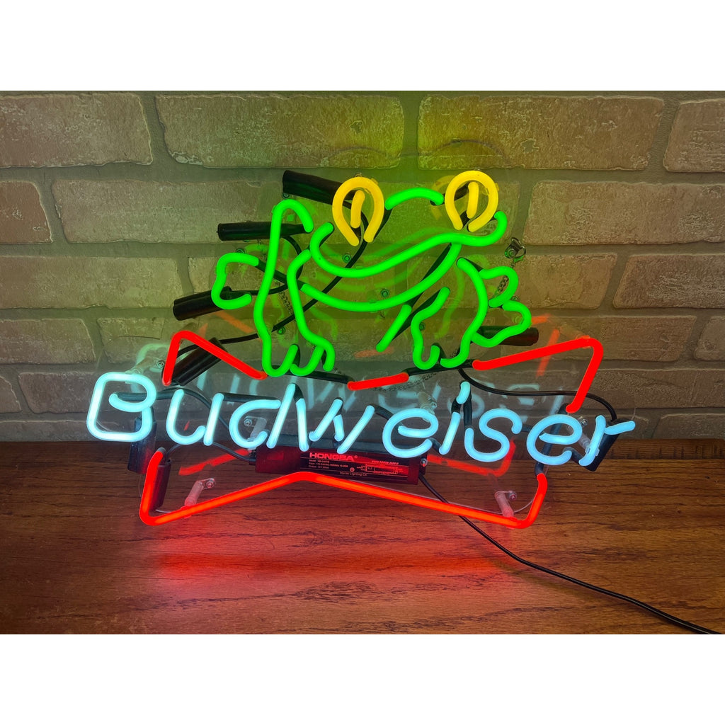 Vintage Budweiser Beer Frog Lighted Neon Hanging Bar Sign Advertising 20" x 13"