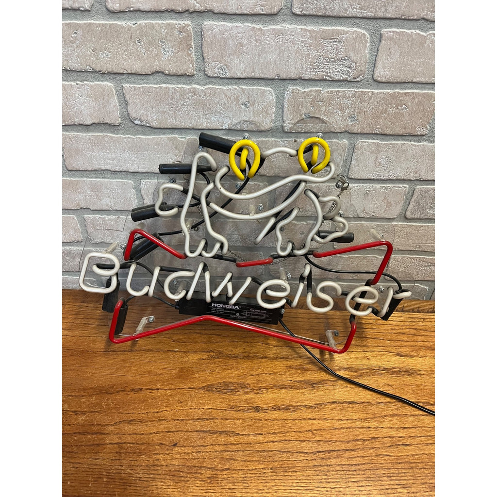 Vintage Budweiser Beer Frog Lighted Neon Hanging Bar Sign Advertising 20" x 13"
