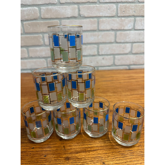 7 Vintage MCM Libbey Nordic Glasses Blue Green Gold Trim Retro Juice Cocktail 3"