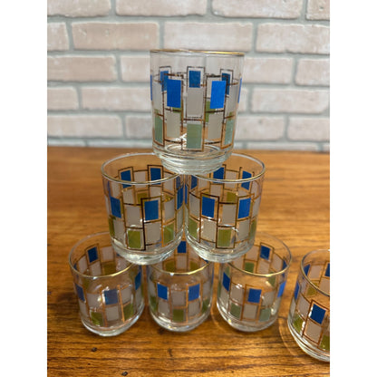 7 Vintage MCM Libbey Nordic Glasses Blue Green Gold Trim Retro Juice Cocktail 3"