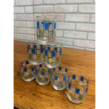 7 Vintage MCM Libbey Nordic Glasses Blue Green Gold Trim Retro Juice Cocktail 3"