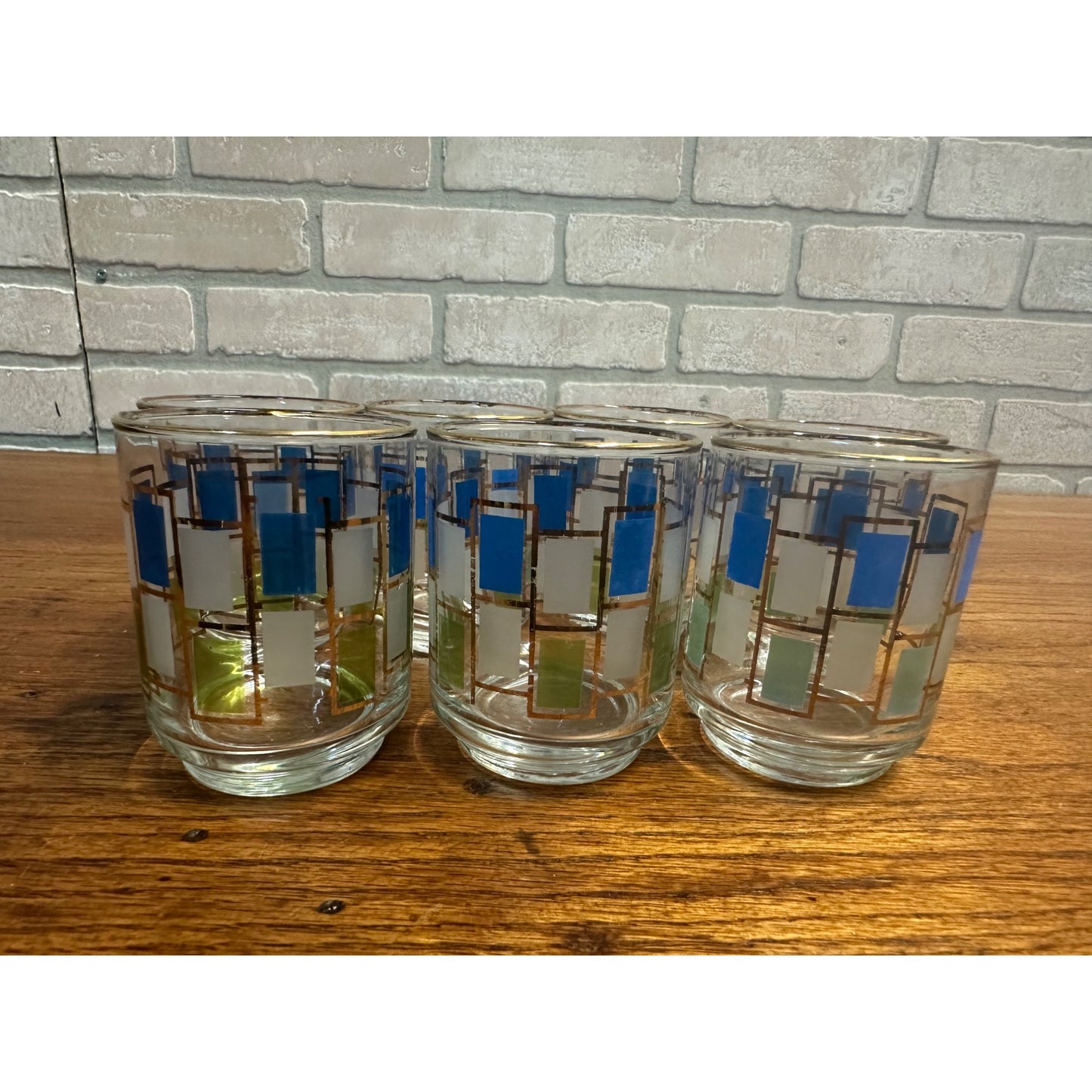 7 Vintage MCM Libbey Nordic Glasses Blue Green Gold Trim Retro Juice Cocktail 3"