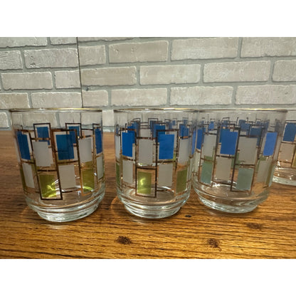 7 Vintage MCM Libbey Nordic Glasses Blue Green Gold Trim Retro Juice Cocktail 3"