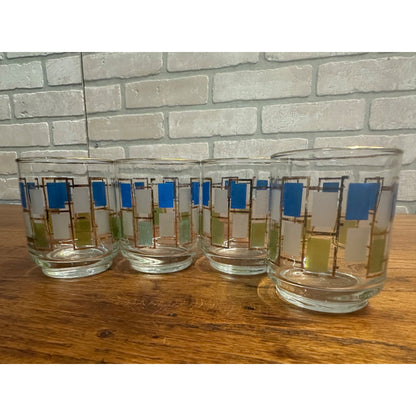 7 Vintage MCM Libbey Nordic Glasses Blue Green Gold Trim Retro Juice Cocktail 3"