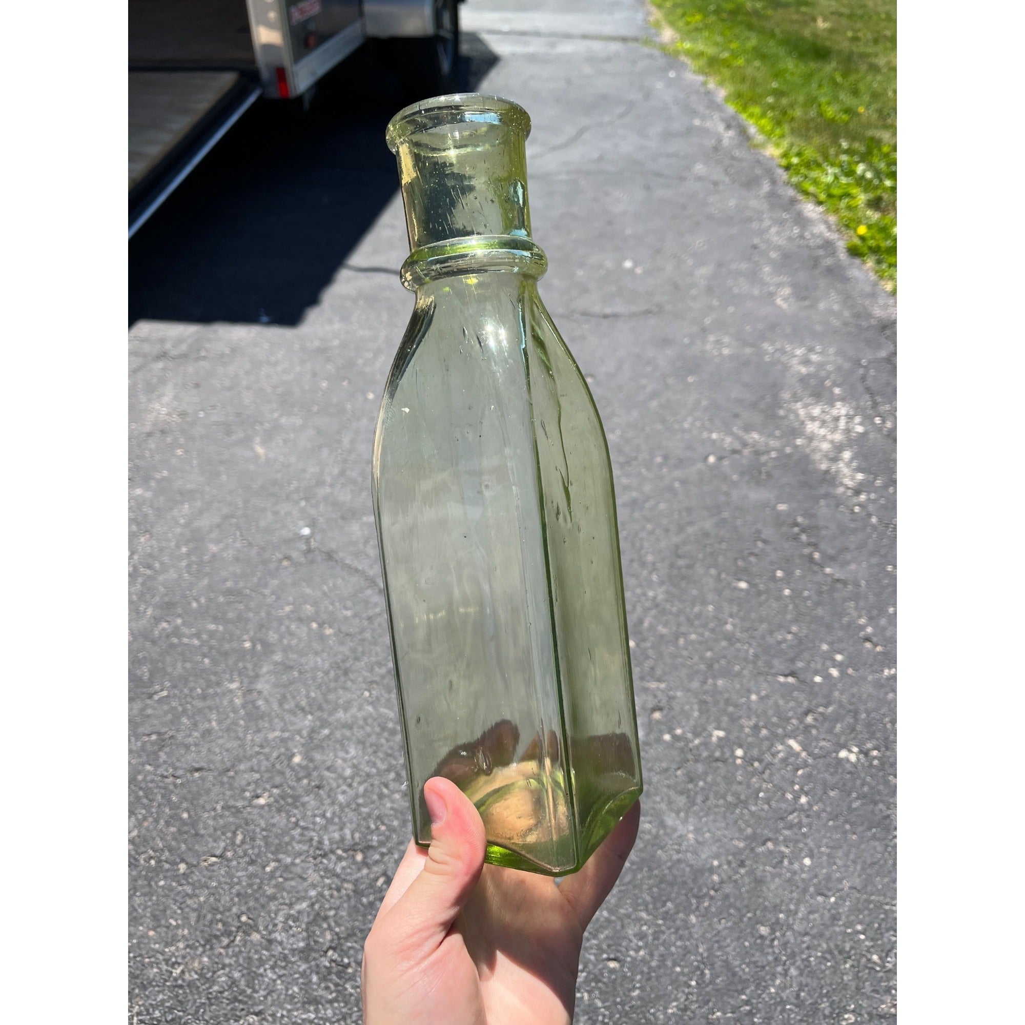 Antique 1880s Cathedral Pickle Bottle Yellow Green Glass Hand Blown Applied Lip