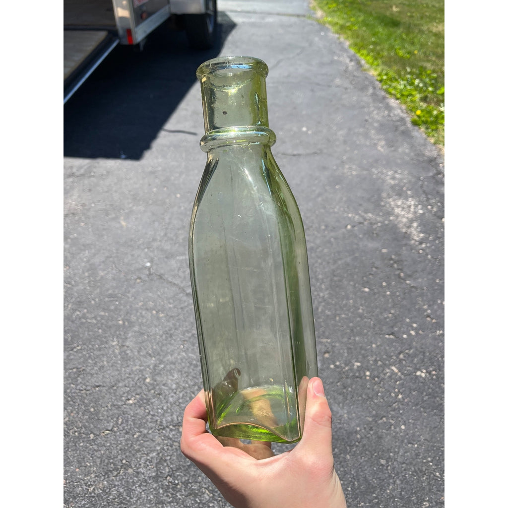 Antique 1880s Cathedral Pickle Bottle Yellow Green Glass Hand Blown Applied Lip