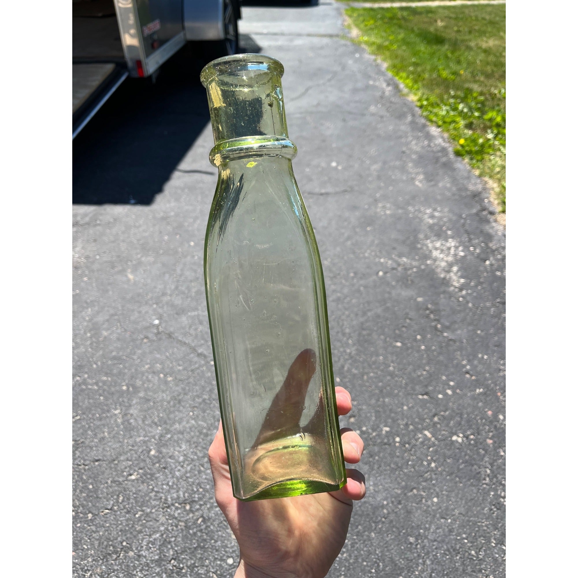 Antique 1880s Cathedral Pickle Bottle Yellow Green Glass Hand Blown Applied Lip
