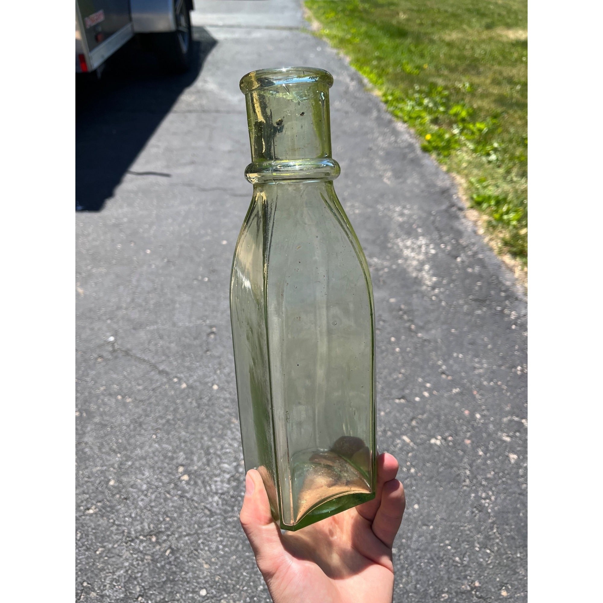 Antique 1880s Cathedral Pickle Bottle Yellow Green Glass Hand Blown Applied Lip