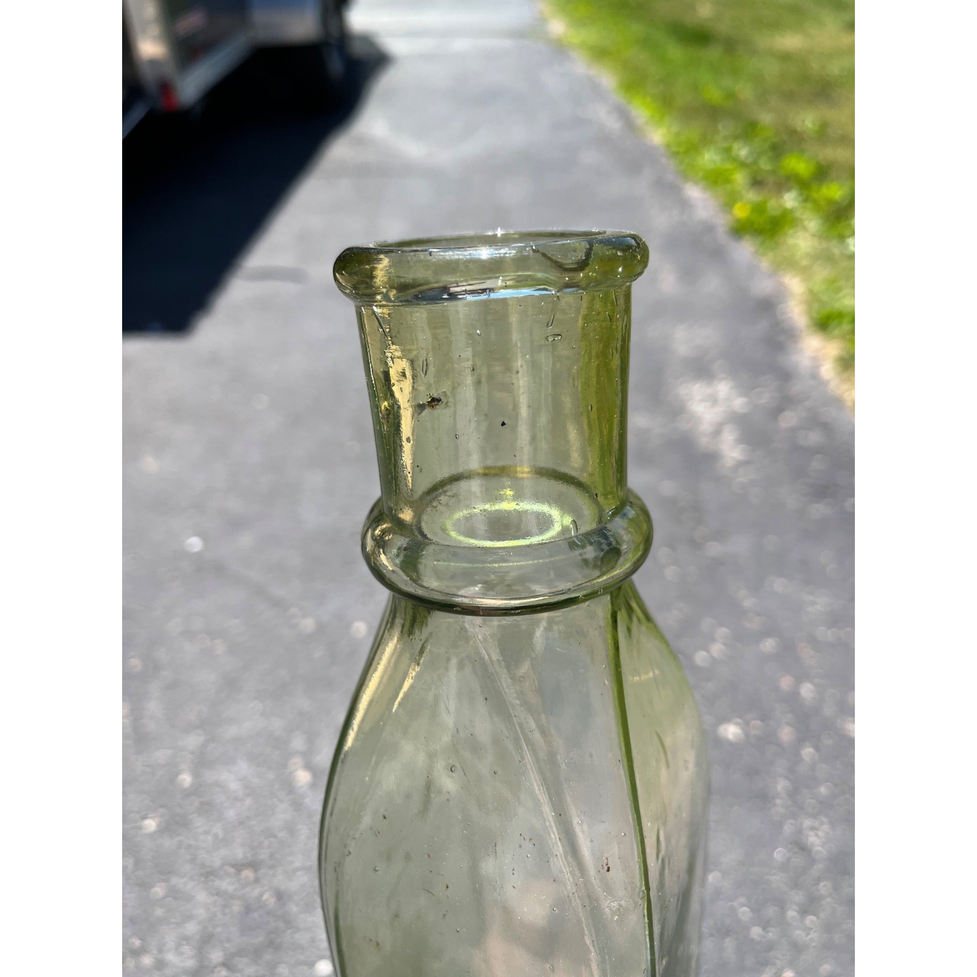 Antique 1880s Cathedral Pickle Bottle Yellow Green Glass Hand Blown Applied Lip